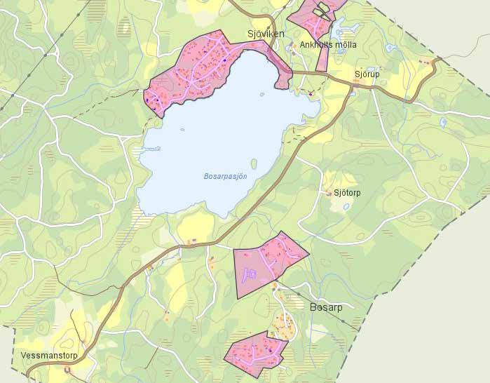 Lokalisering vid Bosarpssjön Fritidshusområden runt Bosarpssjön, med eller utan detaljplaner. Avstyckningsplan från 1946 Bosarp 1:3 och del av 1:4 m.fl.markerad.