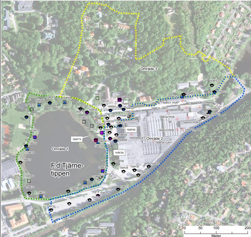FIGUR 3.4: Uppdelning av planområdet samt kompletterande provpunkter som beskrivs i den fördjupade riskbedömningen (ÅF, 2016) 1. Parkmark Området består av Massetjärn och dess strandområde.