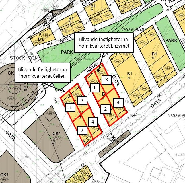 samt kvarteret Enzymet (blivande fastigheterna Enzymet 1, 2, 3 och 4) till Veidekke Bostad AB för uppförande av bostadshus innehållande preliminärt 17 000 kvm BTA bostäder, 1 800 kvm BTA lokaler och