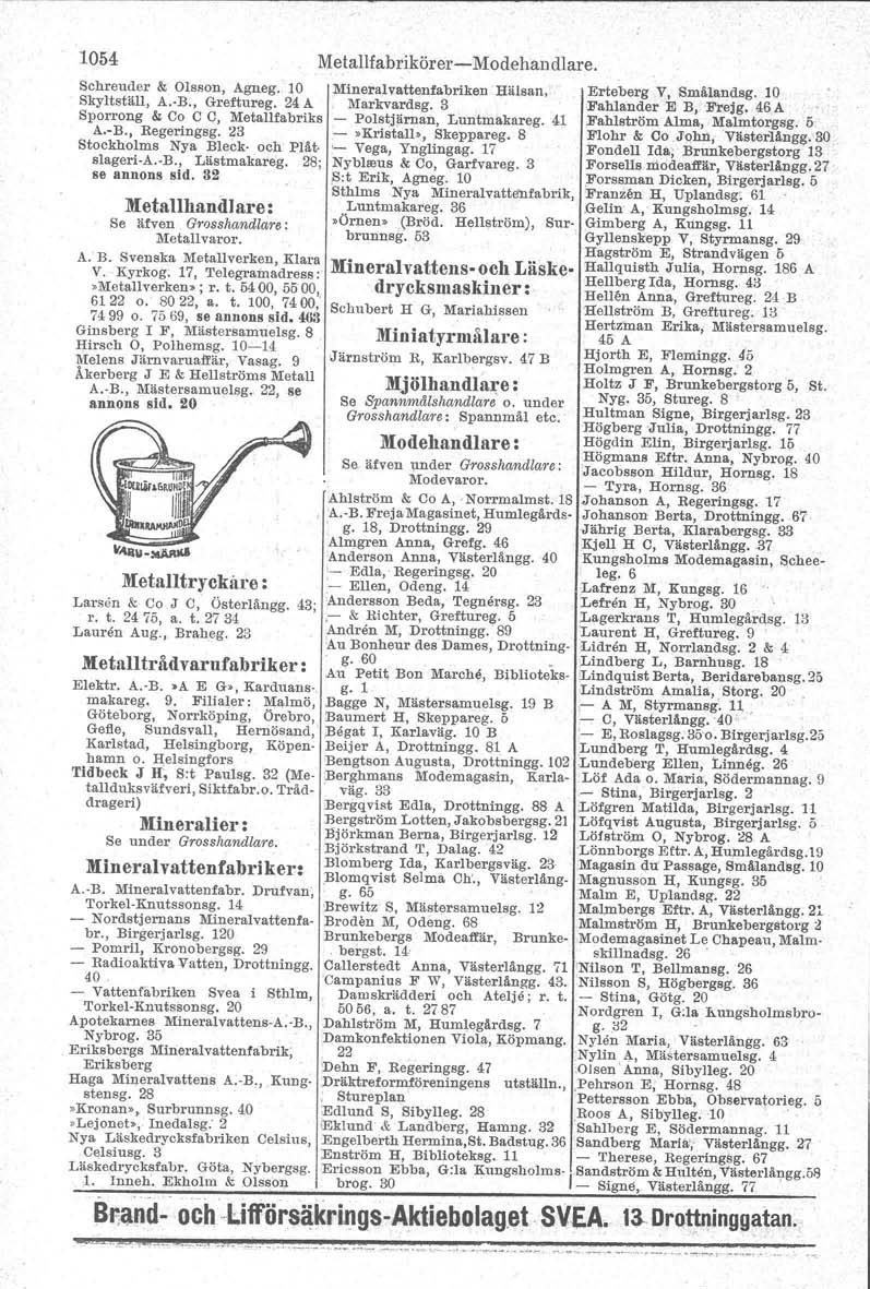 1054 Metallfabrikörer- Modehan dlare. Schreuder & Olsson, Agneg. 10 Skyltställ, A.-B., Greftureg. 24 A Sporrong & Co C C, Metallfabriks A.-B., Regeringsg. 23 Stockholms Nya Bleck- och Plåt. slageri-a.