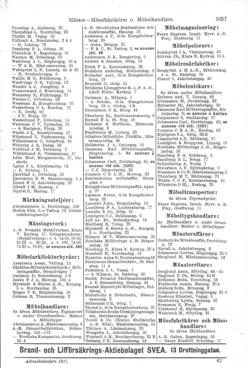..1' Thorling A, Riddareg. 29 Thornblad A, Norrtullsg. 23 Thulin M, Vegag. 16 Tidlund A, Norrlandsg. 2 &; 4 - G, Linneg. 78 Tranberg E A, Odeng. 56 Törnblom P, Regeringsg. 97 Wrernes M, Döbelnsg.