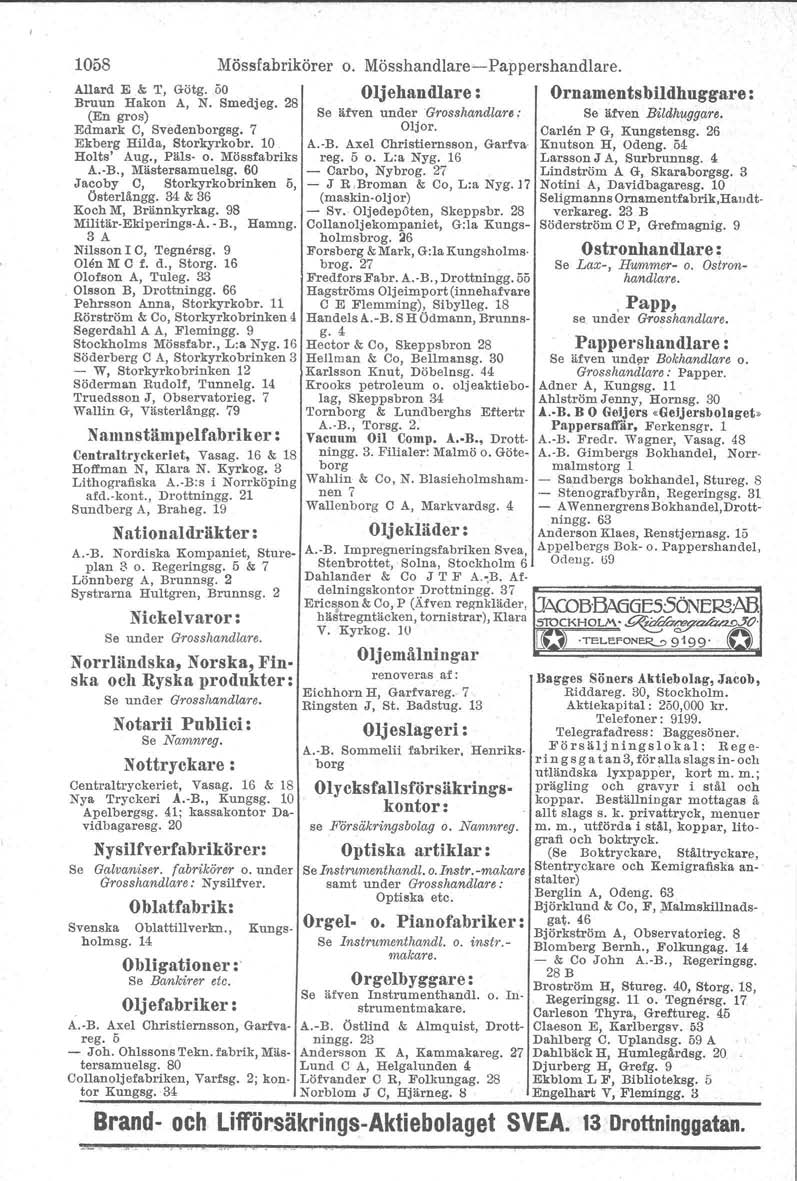 1058 Mössfabrikörer o. Mösshandlare- Pappershandlare. Allard E & T, Götg. 50 Oljehandlare: Ornamentsbildhuggare : B~':,n ~~~on A, N. Smedjeg. 28 Se äfven under 'Grosshandlare: Se äfven Bildhuggare.