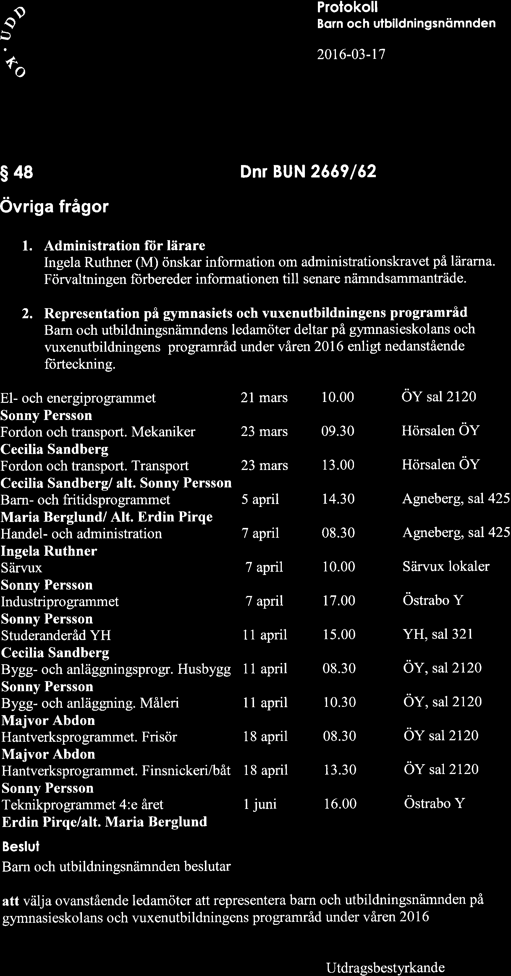 ç0 Prolokoll 20r6-03-r7 s48 övriga frågor Dnr BUN 2669/62 1. Administration fìir lärare Ingela Ruthner (M) önskar information om administrationskravet på låirarna.