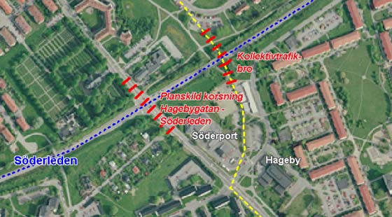 Korsningar Söderleden Kollektivtrafikbron En tydlig prioritering av kollektivtrafiken. För spårvagn, buss samt gång och cykel.