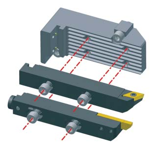 APPLITEC SWISS TOOLING APPLITEC MODU-Line-konceptet (patentsökt) Insatshållaren spänns fast i sin hållare med två skruvar genom verktygssektionen.