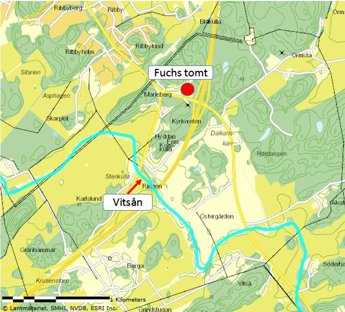 Figur 4. Närmaste vattendrag Vitsån i förhållande till Fuchs tomt 6.