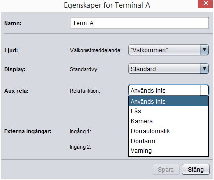 Flik Terminaler (Dörrar) Här kan namn och ljudfunktioner ställas in för anslutna läsare. (Terminal A=In, Terminal B= Ut).