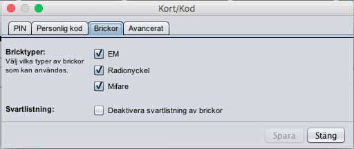 Flik Brickor Välj vilka typer av (brickor) som skall användas. EM, Radionyckel eller Mifare. (Mifare kräver terminal A66.