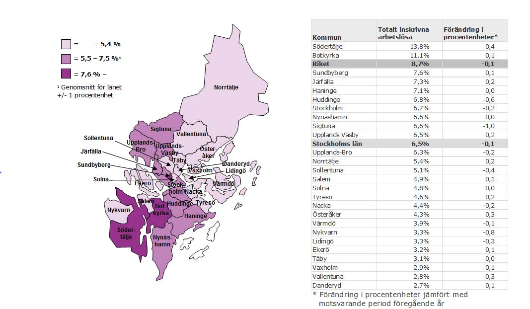 Totalt inskrivna arbetslösa i februari 2012 som andel (%) av den registerbaserade arbetskraften 16 64 år Fakta om statistiken Andelen öppet arbetslösa och/eller deltagare i program med aktivitetsstöd