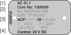 Identifiering SA 07.1 SA 16.1/SAR 07.1 SAR 16.1 Manövermodul: Elektronisk (MWG) 2. Identifiering 2.1 Typskylt Varje komponent (ställdon, manövermodul, motor) är försedd med en typskylt.