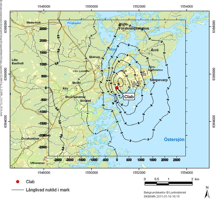 Figur 3 2. Exempel på årlig deposition på mark (nbq/m 2 = 10 9 Bq/m 2 ) för utsläpp från Clab (röd punkt) av 1 Bq av en långlivad 2 nuklid.