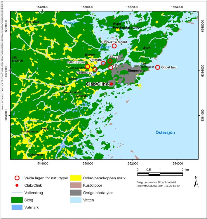 Figur 4 1. Röda ringar motsvarar de lokaler av respektive valt naturtyp som beräknats få den högsta koncen trationen och nedfall vid utsläpp till luft från Clab/Clink (röd punkt). 4.2 Omräkning till halter i ekosystem 4.
