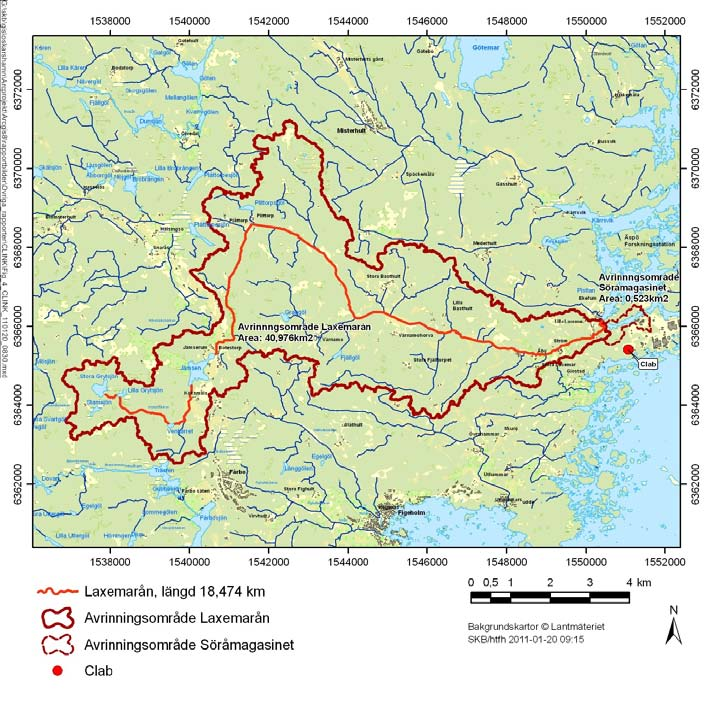 För sjön Söråmagasinet och vattendraget Laxemarån togs hänsyn till att nedfall sker på hela avrinningsområdet, se figur 4 2.