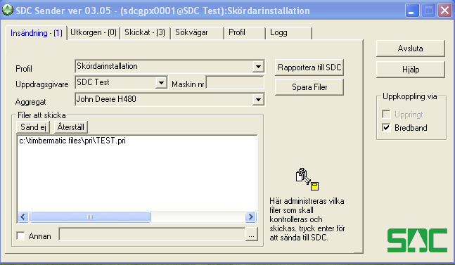 3 Fliken Insändning Normalt är det endast denna flik som behöver användas när filer ska skickas iväg till SDC.