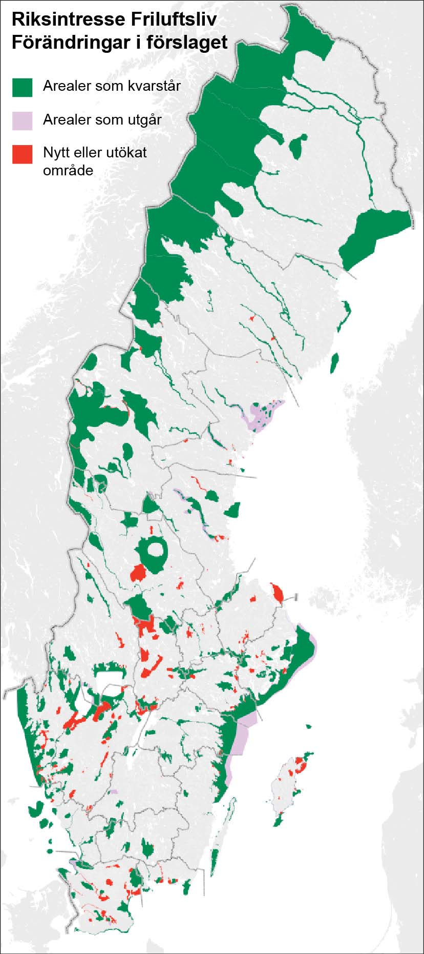 Figur 3 Arealer riksintresse friluftsliv som tillkommer (röda) eller utgår (ljusgröna) genom förslaget.