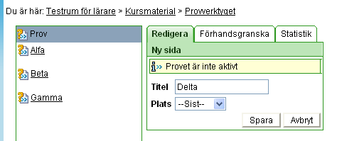 Börja med en disposition av provet genom att skapa sidor. Det gör du genom att klicka på Ny sida. Skriv sedan ett namn på sida och klicka på spara. Upprepa för antalet sidor.