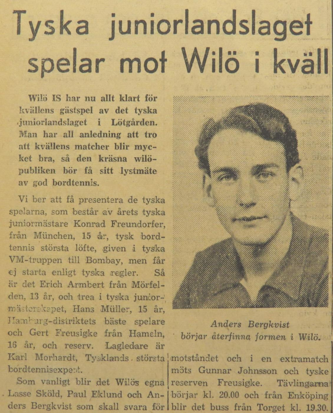 Tyska juniorlandslaget till Lötgården EP 1952-01-26: Wilö blev känt för att hålla lyckade arrangemang.