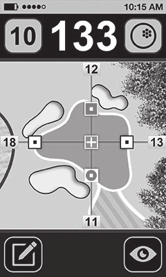 Hålnummer (Tryck för att välja) Greenens djup från din infallsvinkel Greenens vänsterkant till riktpunkter Anpassningsbara riktpunkter Avstånd till riktmärke från greenens framkant ÖVERSIKT