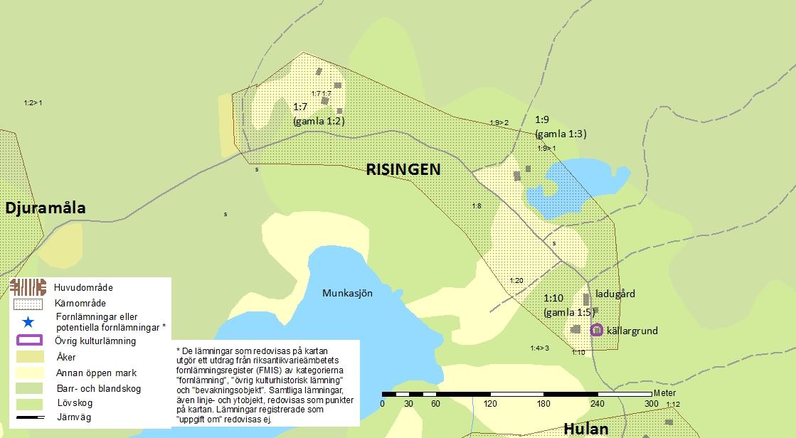 Kärnområdet Risingen Vägen som slingrar sig genom Risingen har samma sträckning sedan minst tidigt 1800-tal, och kantas delvis av stenmurar.