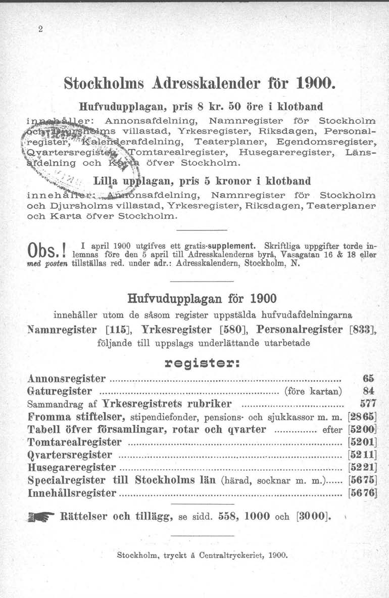 2 Stockholms Adresskalender rör 1900. Hufvudupplagan, pris 8 kr. öo öre i klotband i~~.