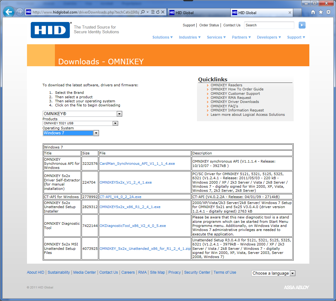 Nedladdning av drivrutin och programvara för kortläsaren Öppna följande länk http://www.hidglobal.com/driverdownloads.