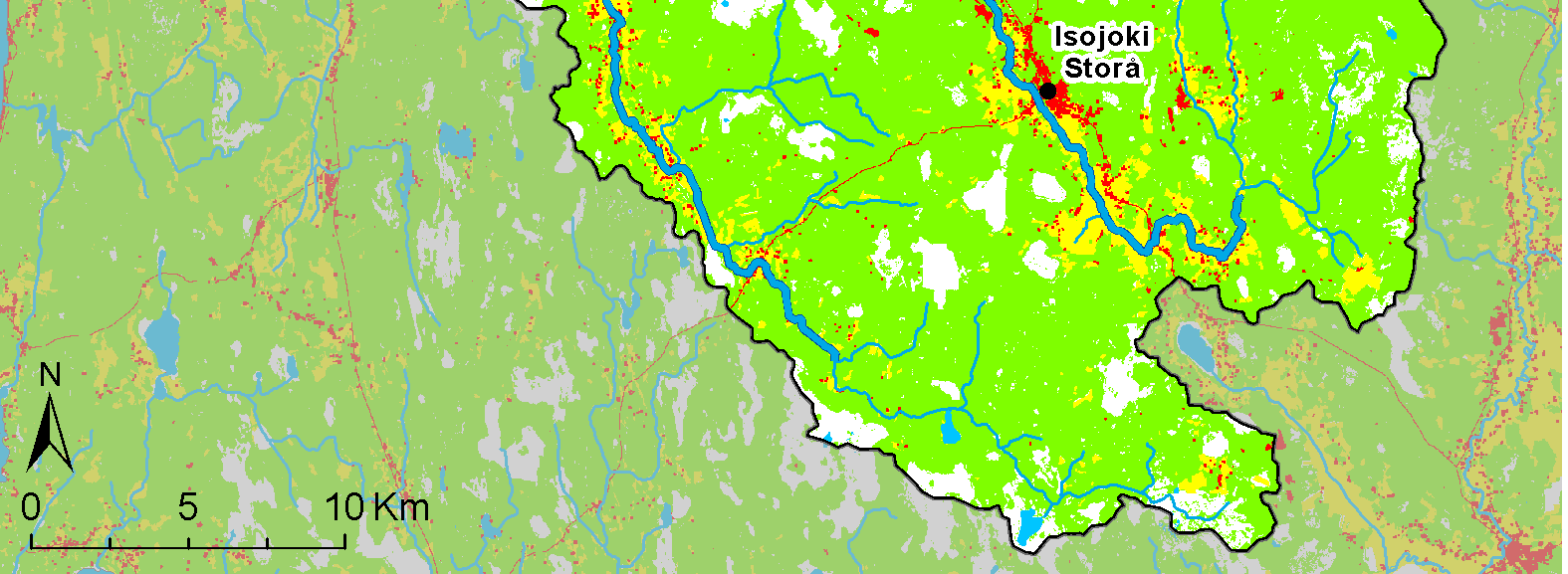 Finlands miljöcentral, NTM-centralen i Södra Österbotten 2011; Markanvändningsklass Yta [ha] % Bebyggda områden 3 288 3,0 Jordbruksområden 14 737 13,4 Skog samt öppna moar