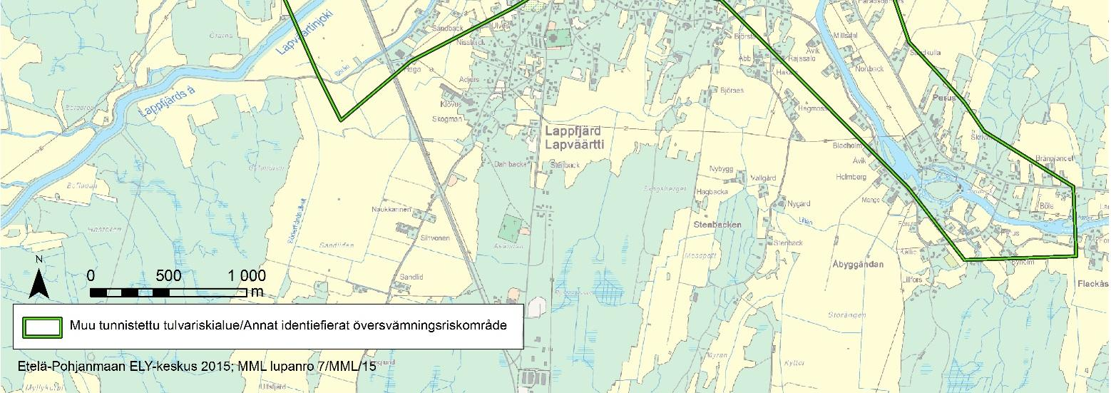 6.4 Områden med översvämningsrisk i avrinningsområdet I den preliminära bedömningen av översvämningsrisker som avslutades 2011, föreslogs i Lappfjärds ås avrinningsområde inga områden med betydande