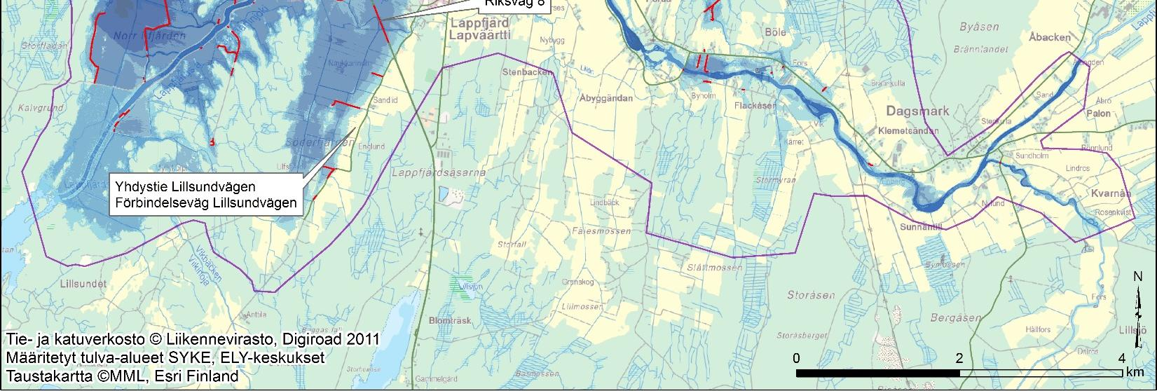 Bild 38. Vägavsnitt som bryts av vid en mycket sällsynt översvämning med återkomstintervallet 1/1 000 år och vägavsnitt som är utsatta för översvämningsrisk enligt Trafikverkets kartläggning.