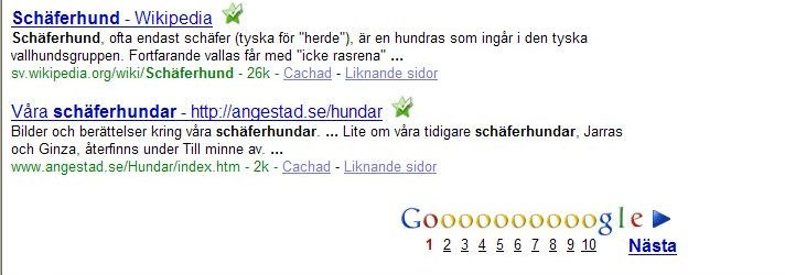 Skärmbilden när du har sökt på: Schäferhundar Du kan se att du har fått 22 900 svar Svaren är listade på vänstersidan med 10 st svar per sida.