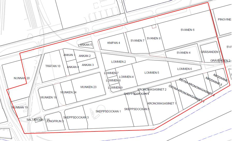 Figur 1. Området Inre hamnens läge (röda området) i förhållande till Norrköpings centrum. Inre hamnen i Saltängen har en lång historia av olika industriella verksamheter.