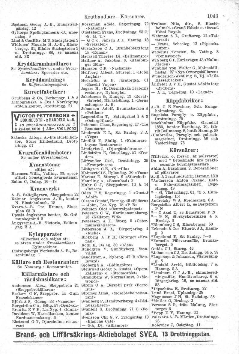 Kryddkramhandlare: Se Specerihandlare o. under 'G,'osshandlare: Specerier etc. Kryd~malning : Se Rarrerostningsartärer. Kuvertfabi'iker: Bastman Georg A. B., Kungsträd Forssman Adele, Regeringsg.