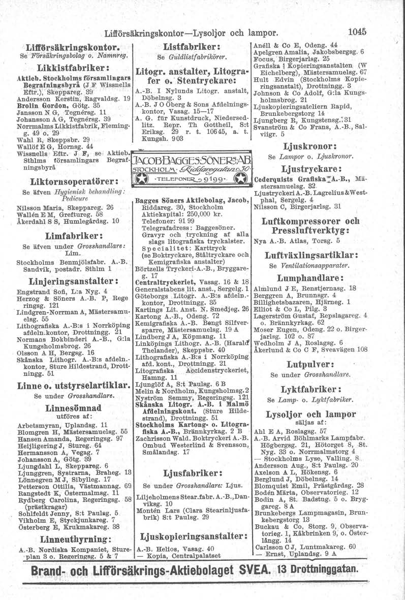 Lifförsäkringskontor-Lysoljor och lampor. 1045 Liftörsäkringskontor. Listfabriker: Anell & 00 E, Odeng. 4.4. Se FlYrsäkringilbolag o. Namnreg. Se GuldliilVabrikörer. Apelgren Amalia, Jakobsbergsg.