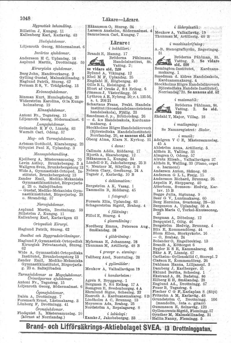 1048, HYP1Wtisk/Jel!<indling. Billstöm J, Kungsg. 11 Kallenberg Karl, Karlaväg. 43 Hudsjukdoma«. Liljenroth Georg, Södermalmst. 6 Invärtes sjukdomar. Andersson H C, Uplandsg.