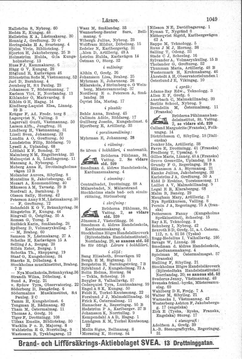 Hallström B, Nybrog. 60 Heden E, Kungsg.~8 Hell.tröm K A, Lästmakareg. 30, Hennig J, Greftureg.20 C Heringalake H A, Svartensg. 4 Hjelm Vivie, Bibltoteksg. 7 Hjorton H, Jakobsbergsg.