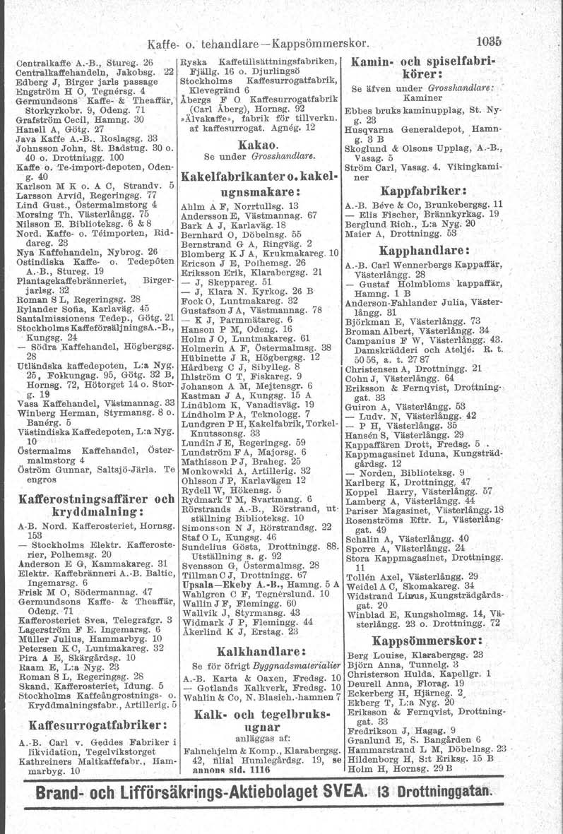 Kaffe- o. tehaudlare - Kappsömmerskor. Centralkaffe A.-B., Stureg. 26 Ryska Kaffetillsättningsfabriken, Kamin- Centralkaffehandeln, Jakobsg. 22 Fjällg. 16 o.