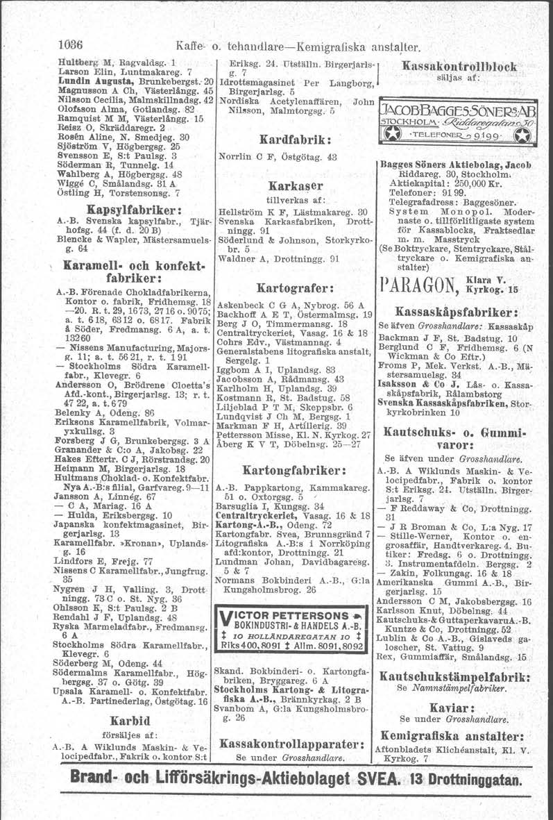 1036 Kaffe' o. tehundlare- Hultberg M, Ragv aldsg. 1 Earson Elin, Luntmakareg. 7 Lundin Augnst&, Brunkebergst.- 20 Magnusson A Ch, Väster1ängg. 45 Nilsson Cecilia, Ma1mskillnadsg.