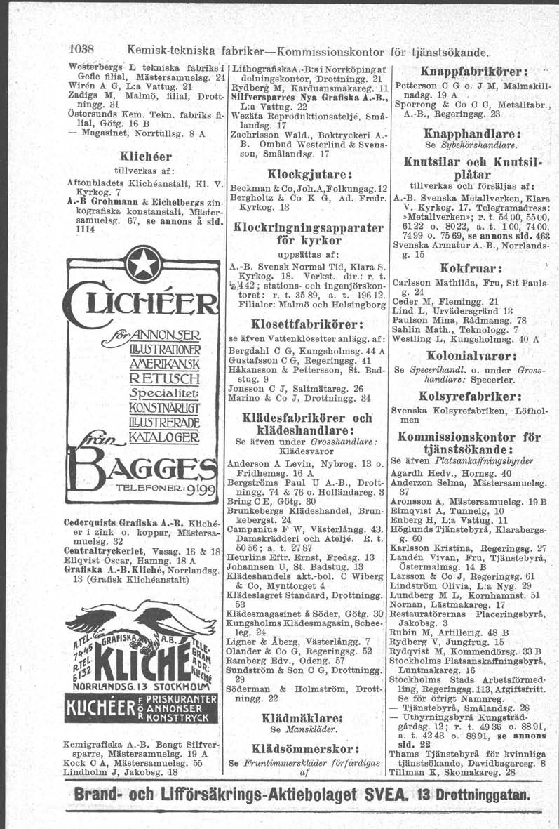 1038 Kemisk-tekniska fabriker-kommissionskontor för tjänstsökande. Weilterb';r~s: L ~kniska fabriks'l LithOgrafiSkaA..B:~iNorrkÖPingaf Knappfabrikörer : Gelle fibal, Mastersa;nuelsg.