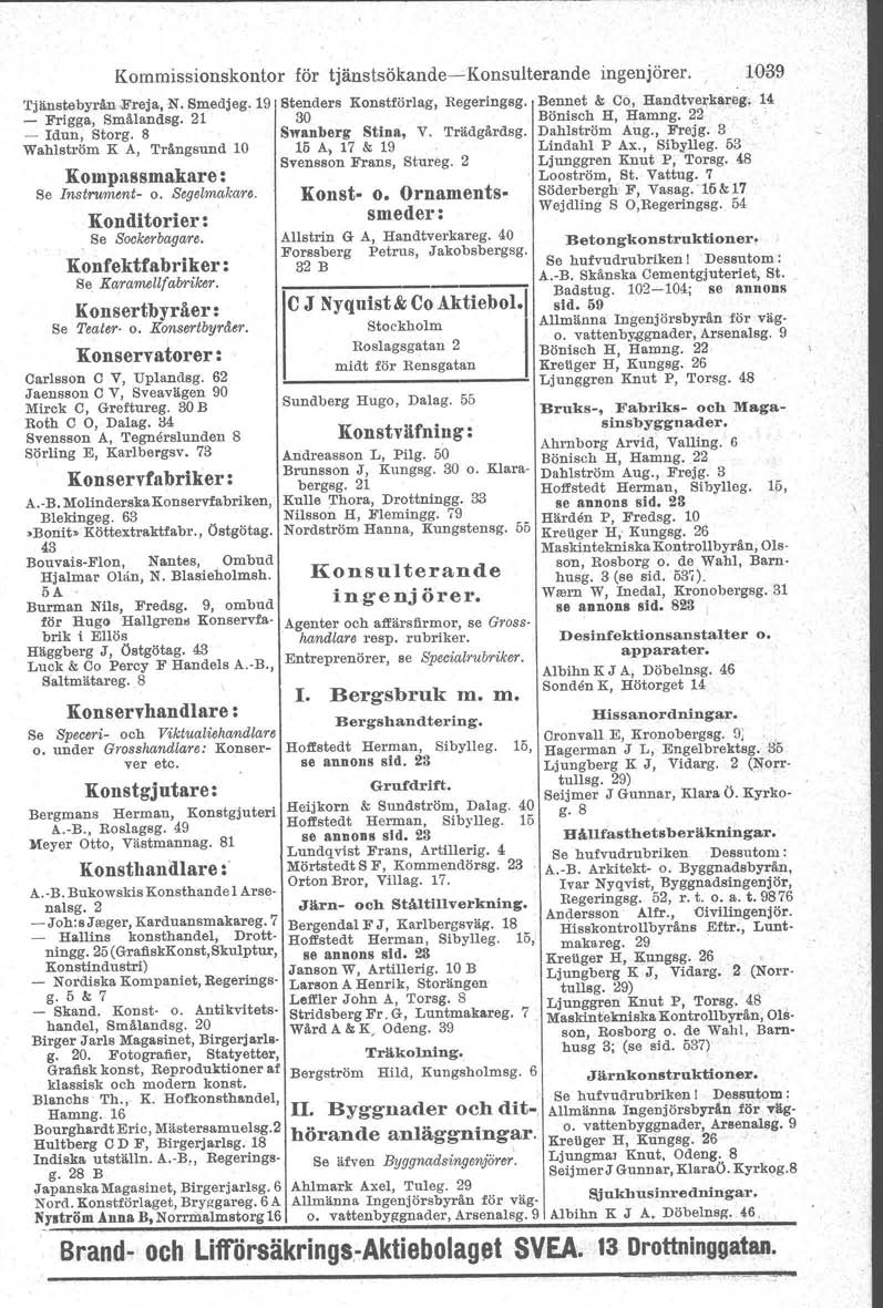 Tjänstebyrån>Freja, Kommissionskontor för tjänstsökande- Konsulterande ingenjörer. 1039 N. Smedjeg.19 - Frigga, Smålandsg. 21 - Idun, Storg.