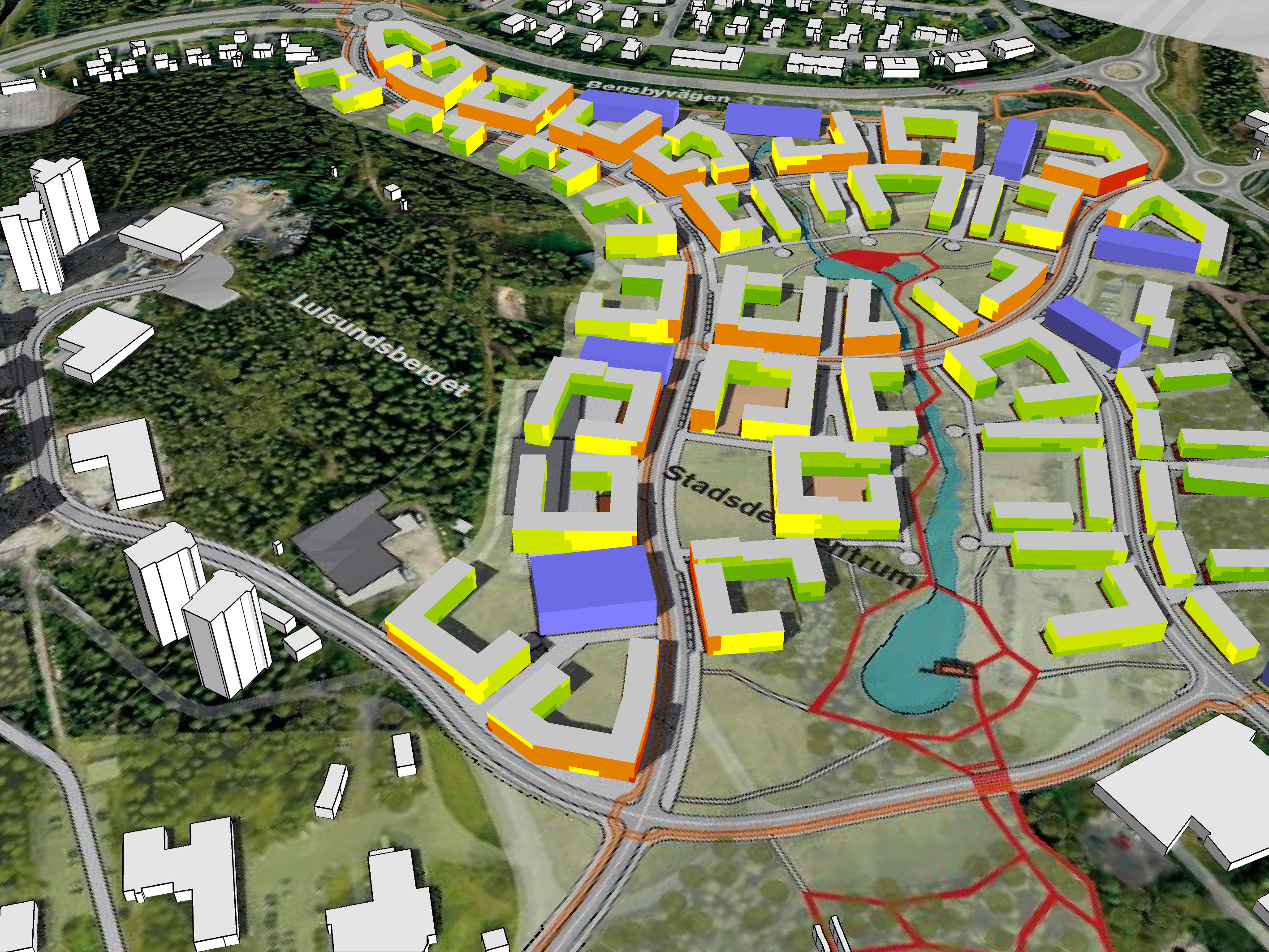 BILAGA 5 Ekvivalenta ljudnivåer vid fasad vid ny bostadsbebyggelse - frifältsvärden - Framtida situation år 2030 - översikt söderifrån Teckenförklaring Nya bostäder Befintlig bebyggelse Parkeringshus