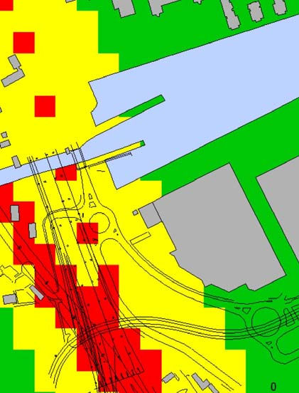 NOLLALTERNATIVET Luftföroreningshalterna påverkas, förutom av de generella bakgrundshalterna, av trafiken på broarna och vägarna väster om planområdet.