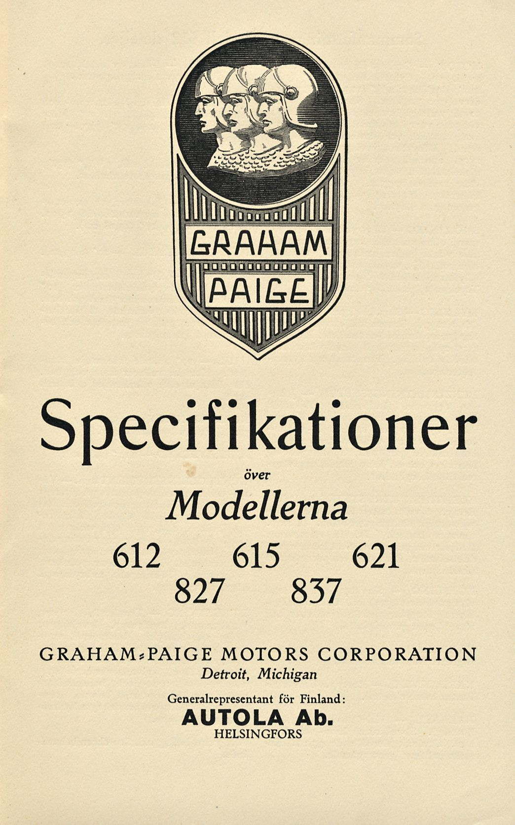 Specifikationer över Modellerna 612 615 621 827 837 GRAHAM.
