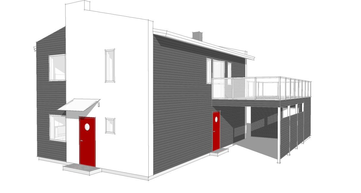 1.3 Mål Målet är att bygga upp en komplett modell av ett tidigare konstruerat och levererat hus enligt figur 2, som en BIM-modell. Figur 2.