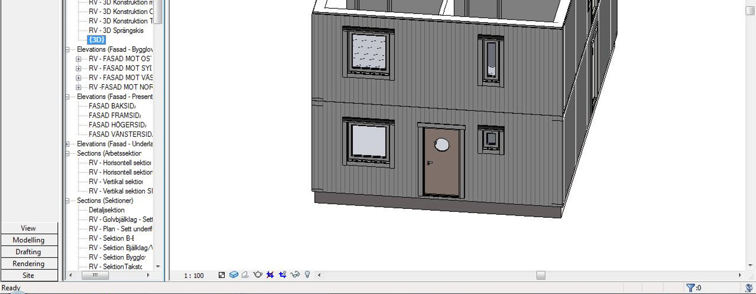 Figur 5. Huset med två våningar uppritade, samt grund och mellanbjälklag. Överst läggs taket in.
