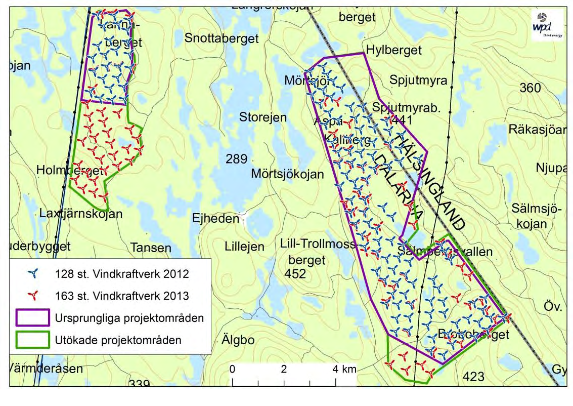 ALTERNATIV 4.3. Alternativ utformning och omfattning, överväganden Till en början planerades för upp till 103 vindkraftverk på Broboberget och upp till 25 vindkraftverk på Lannaberget.