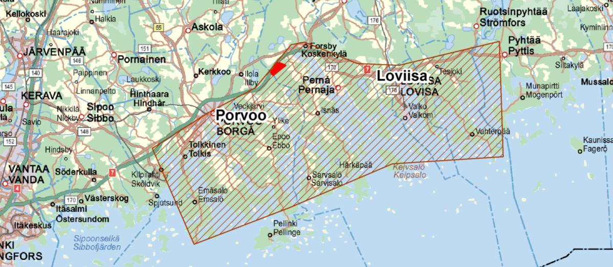2 Det internationellt värdefulla fågelområde (IBA-område) som ligger närmast planeringsområdet är Borgå åmynning ca 12 km mot sydväst (Birdlife Finland rf 2014) (Figur 2-1).