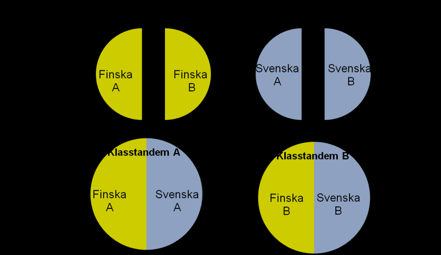 Figur 4. Gruppindelning i klasstandem kurs 2/3. Våren 2013 hölls den första obligatoriska kursen i klasstandem.