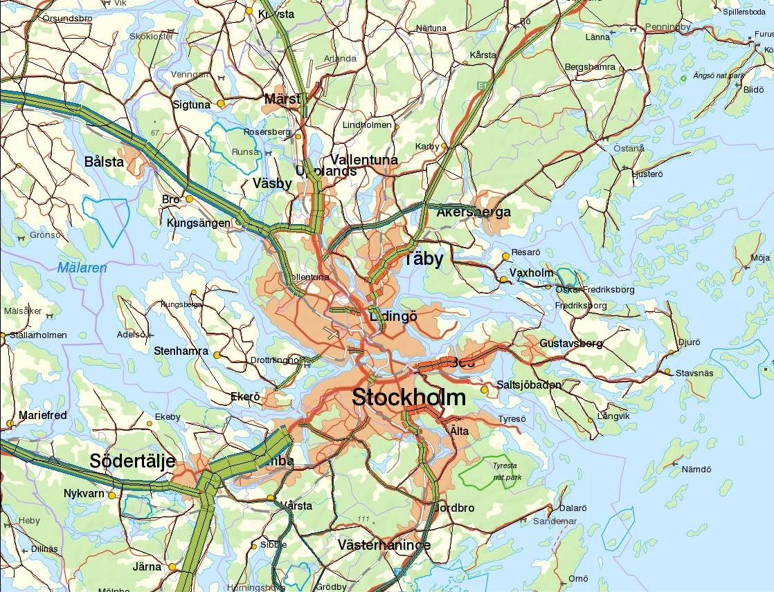 Figur 22: Lbs okalibrerad trafik i Samm skala 100 Lantmäteriet 202100-6297 För lastbilar med släp stämmer de nätutlagda flödena väl överens med de observerade redan innan kalibrering i de flesta