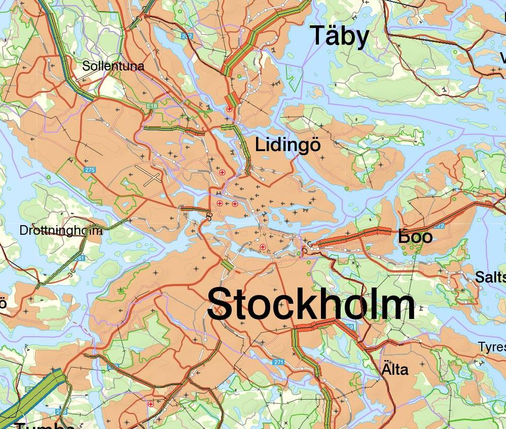 Vid en mer inzoomad vy over Stockholms län kan de sedan tidigare nämnda överskotten längs E18 och E4/E20 observeras.