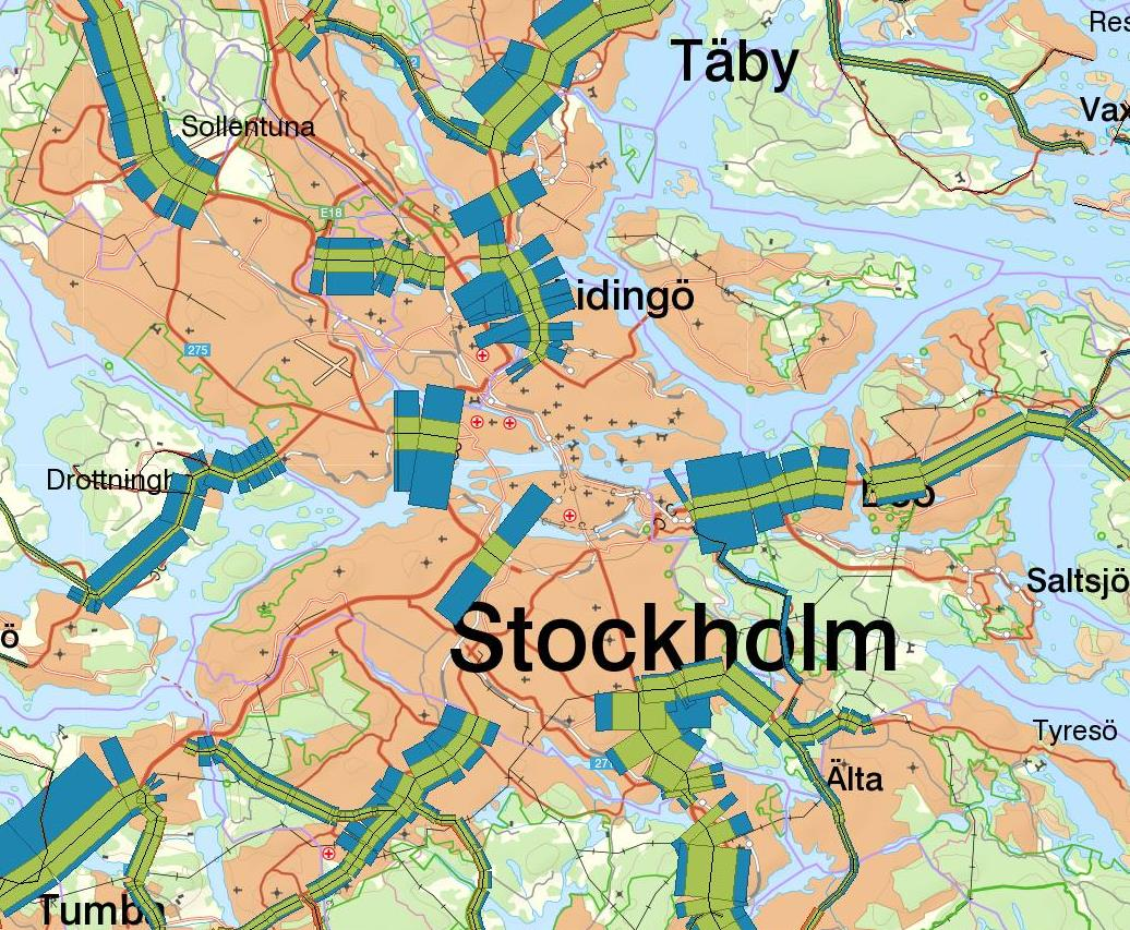 Figur 26: Lbu okalibrerad trafik i Stockholms län skala 100 Lantmäteriet 202100-6297 En vy över Stockholms län visar på att längs de flesta länkarna överskattas trafiken.