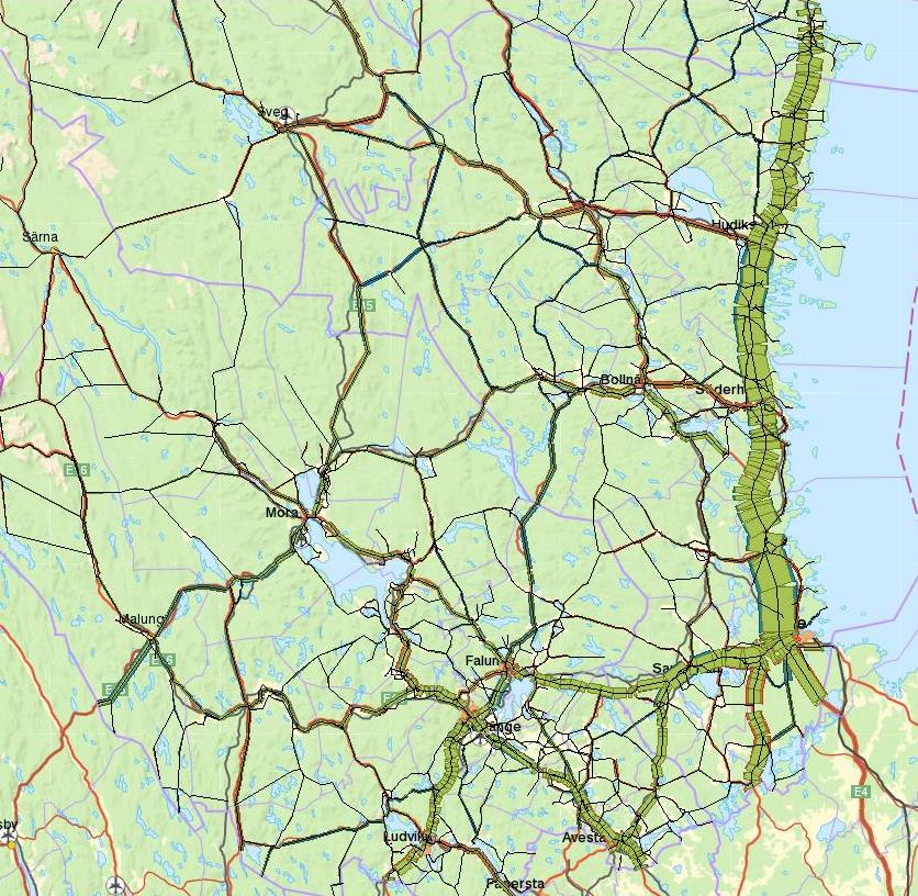 Figur 51: Lbs kalibrerad trafik i Palt, skala 40 Lantmäteriet 202100-6297 På E4 medför kalibrering att de nätutlagda flödena anpassas betydligt bättre till de uppmätta.